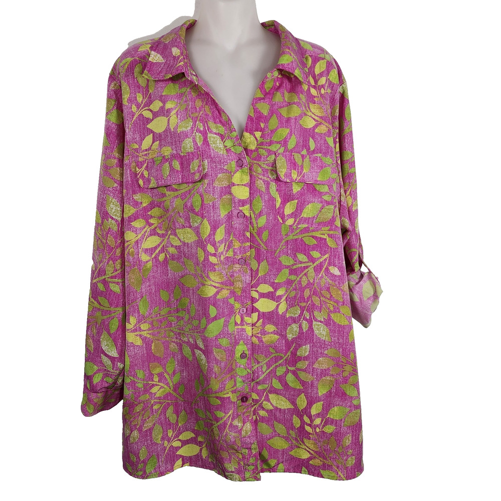 Denim & Co Womens Top 2X Printed Woven Button Up Roll Tab Sleeve Tunic Leaf Pink